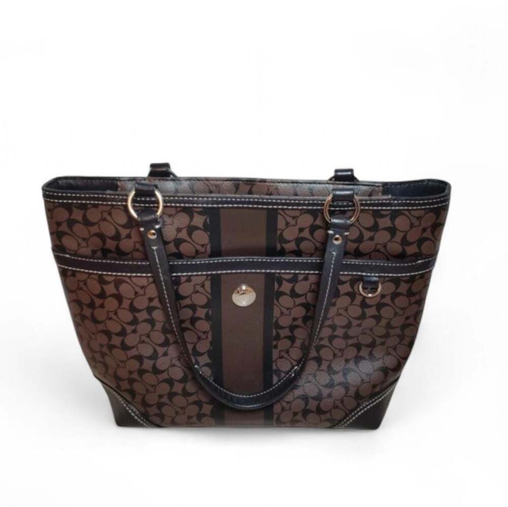 Coach Chelsea Heritage Stripe Signature Tote Bag F15137 Brown Black - Picture 1 of 4